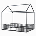 Full Size Metal House Bed With Fence And Door, Black Black Metal