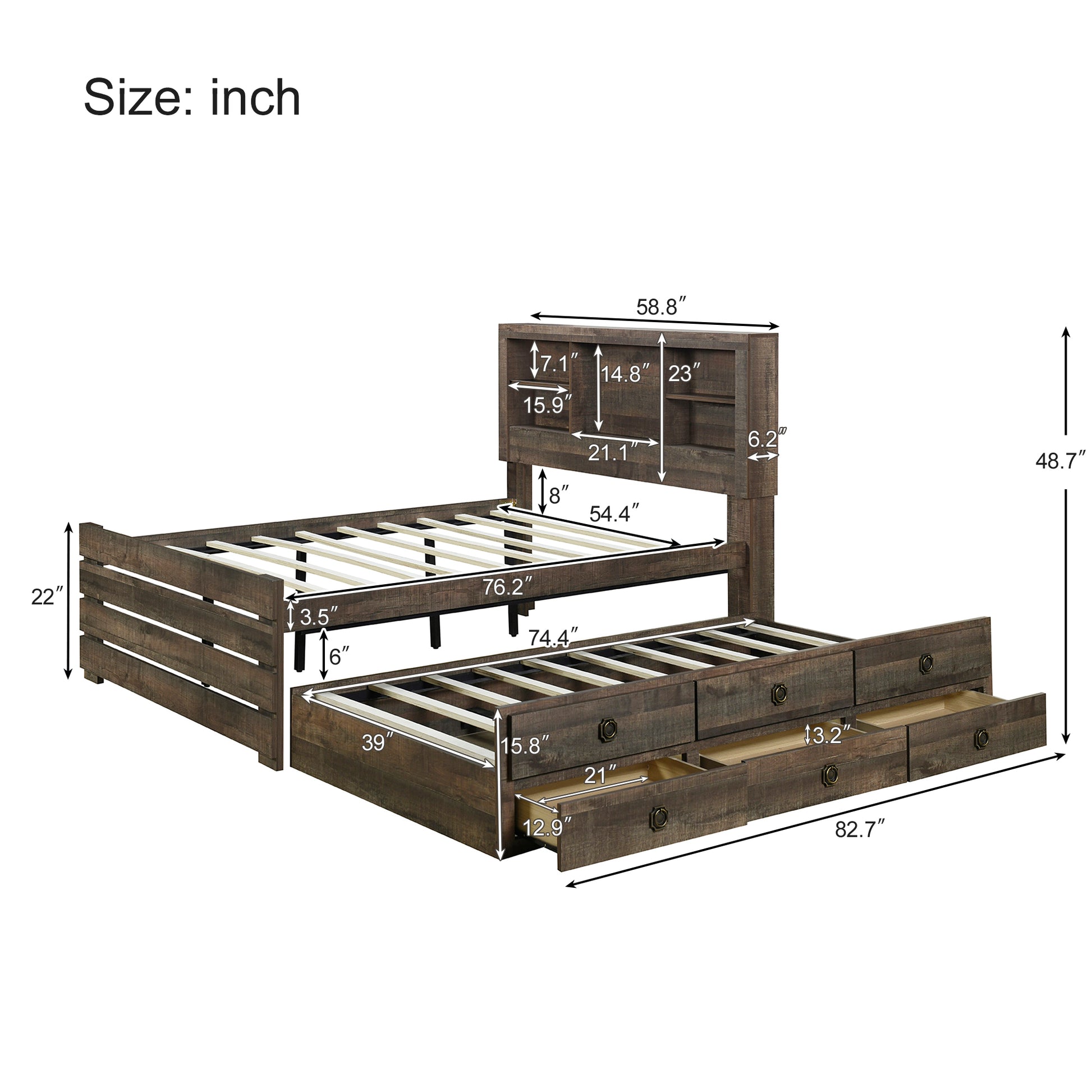 Farmhouse Style Full Size Bookcase Captain Bed With Three Drawers And Trundle, Rustic Brown Box Spring Not Required Full Rustic Brown Wood Bedroom Traditional Plywood