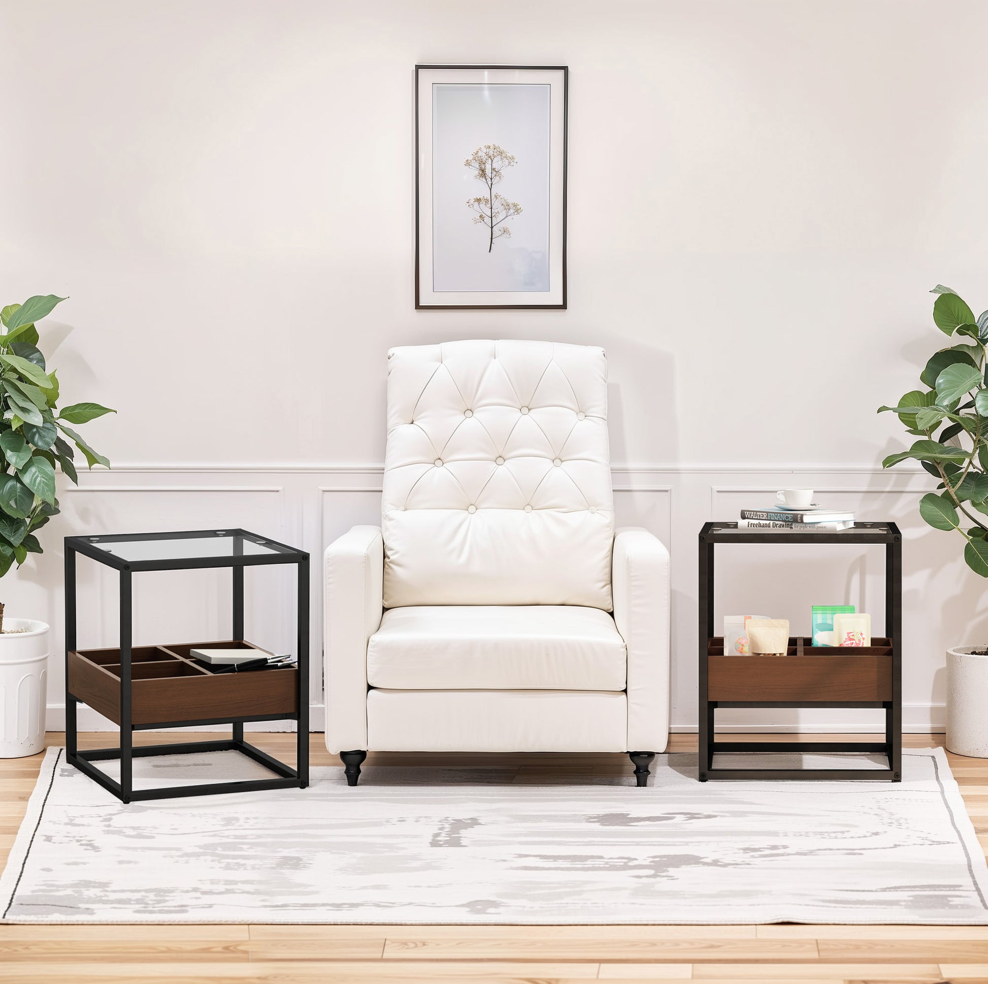 17.72" Modern Coffee Table Side Table, Nightstand With Storage Shelf And Metal Legs For Bedroom, Living Room Set Of 2 Black Mdf Glass