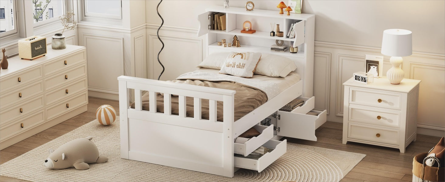 Twin Size Captain Platform Bed Frame With Storage Bookcases And Shelves,Four Drawers,White Twin White Solid Wood Mdf