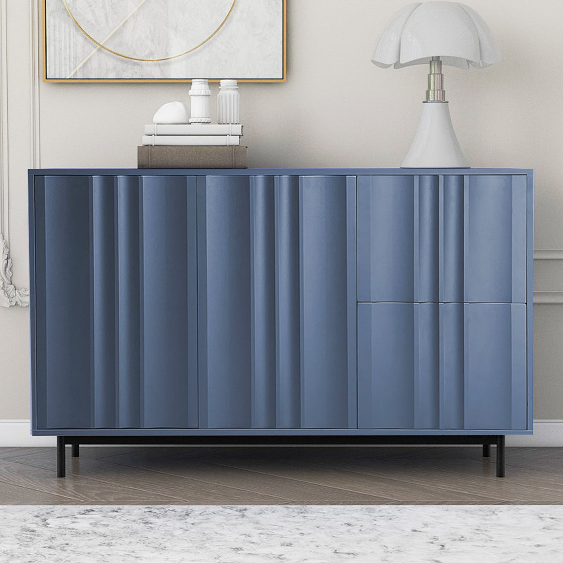 Wave Pattern Storage Cabinet With 2 Doors And 2 Drawers, Adjustable, Suitable For Study,Entrance And Living Room Navy Blue Mdf