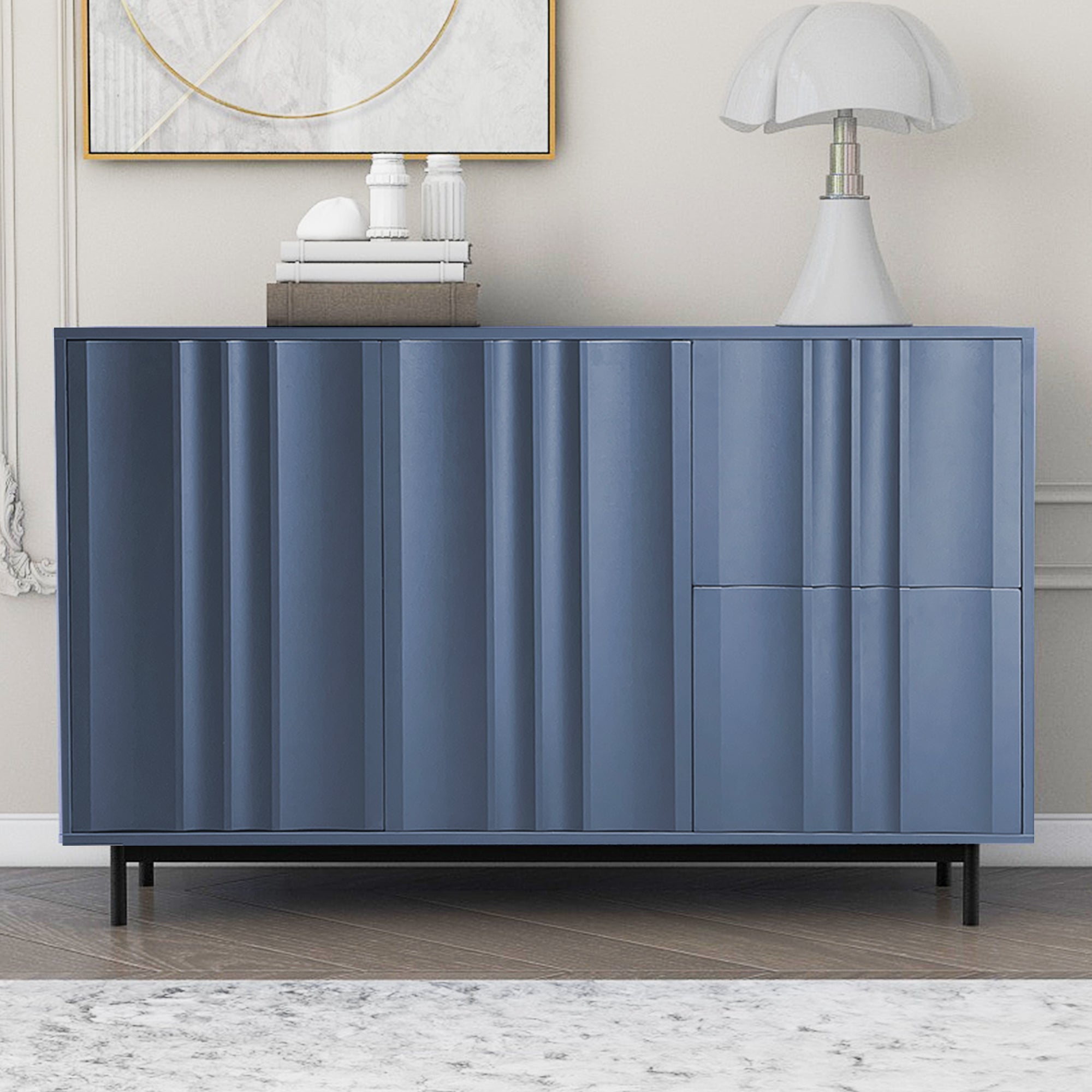U STYLE Wave Pattern Storage Cabinet with 2 Doors and navy blue-mdf