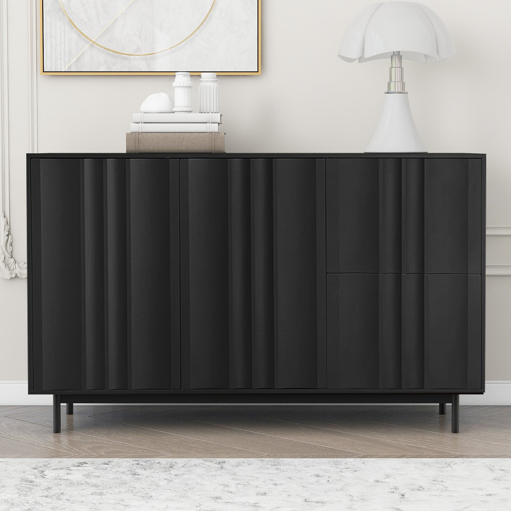 Wave Pattern Storage Cabinet With 2 Doors And 2 Drawers, Adjustable, Suitable For Study,Entrance And Living Room Black Mdf