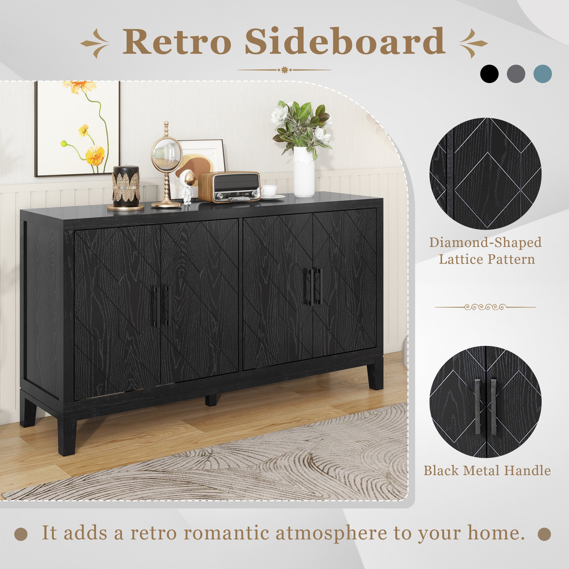 4 Door Retro Sideboard With Adjustable Shelves, Two Large Cabinet With Long Handle, For Living Room And Dining Room Black Black Mdf
