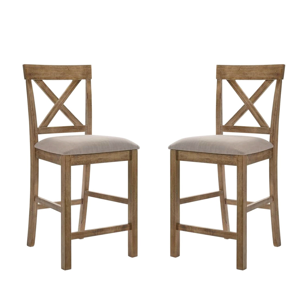 Set Of 2 Fabric And Wood Counter Height Chairs In Rustic Oak And Brown Solid Oak Dining Room Dining Chairs Wood Fabric