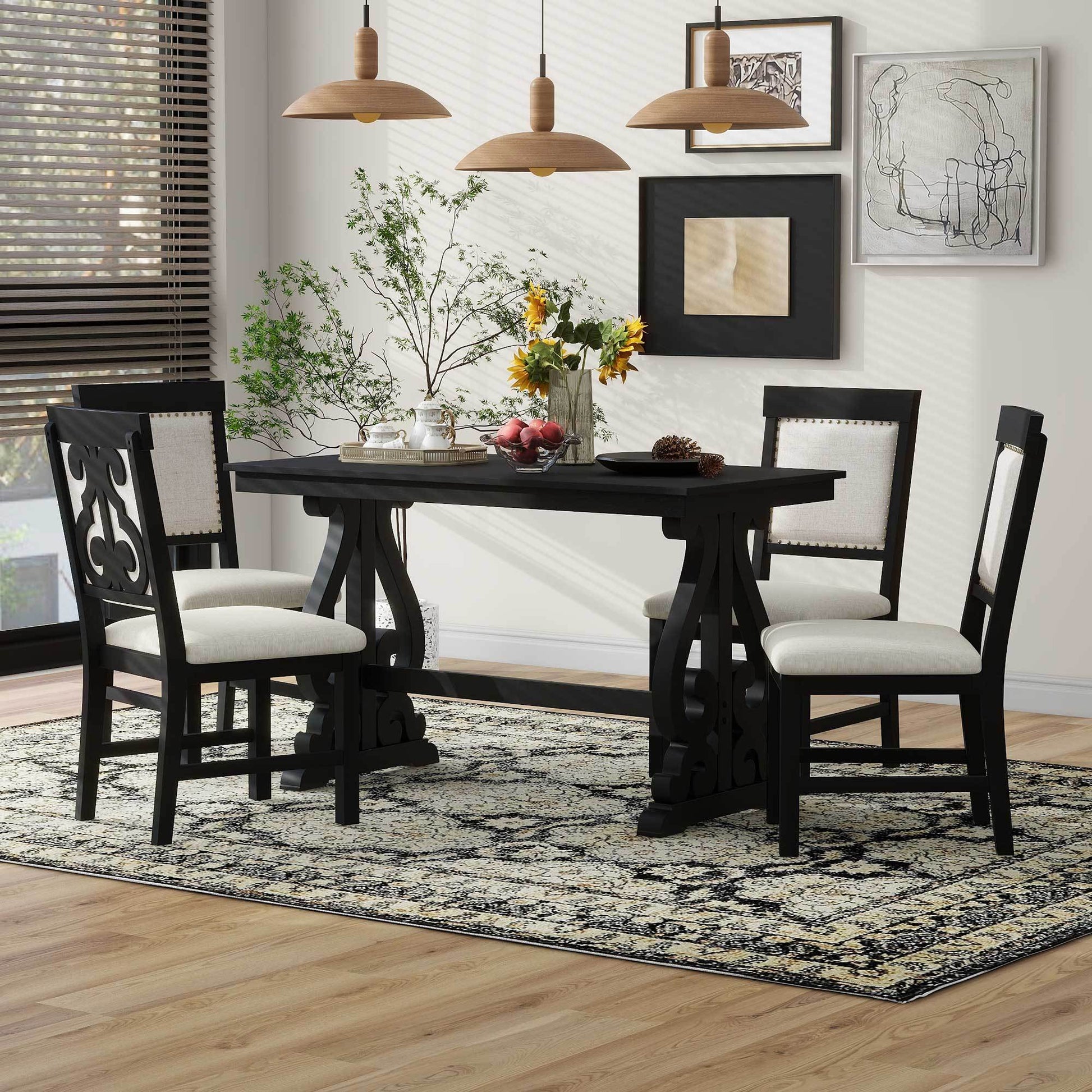 5 Piece Retro Dining Set, Rectangular Wooden Dining Table And 4 Upholstered Chairs For Dining Room And Kitchen Black Black Solid Wood Mdf