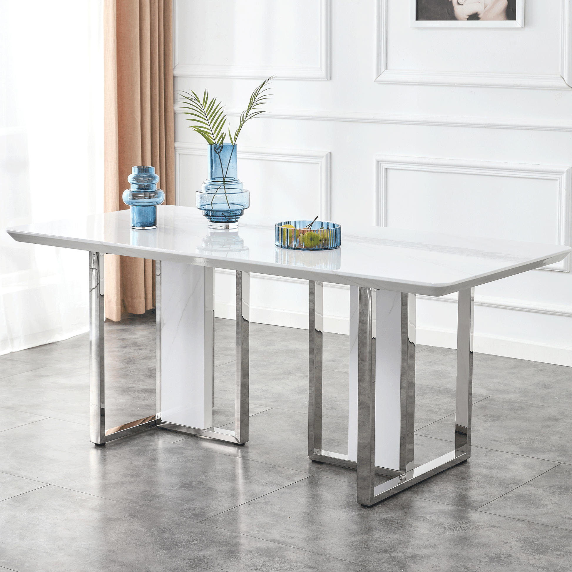 Modern Simple And Luxurious White Imitation Marble Grain Dining Table Rectangular Office Table.Computer Table.Game Desk .Desk.For Dining Room, Living Room, Terrace, Kitchen White Mdf