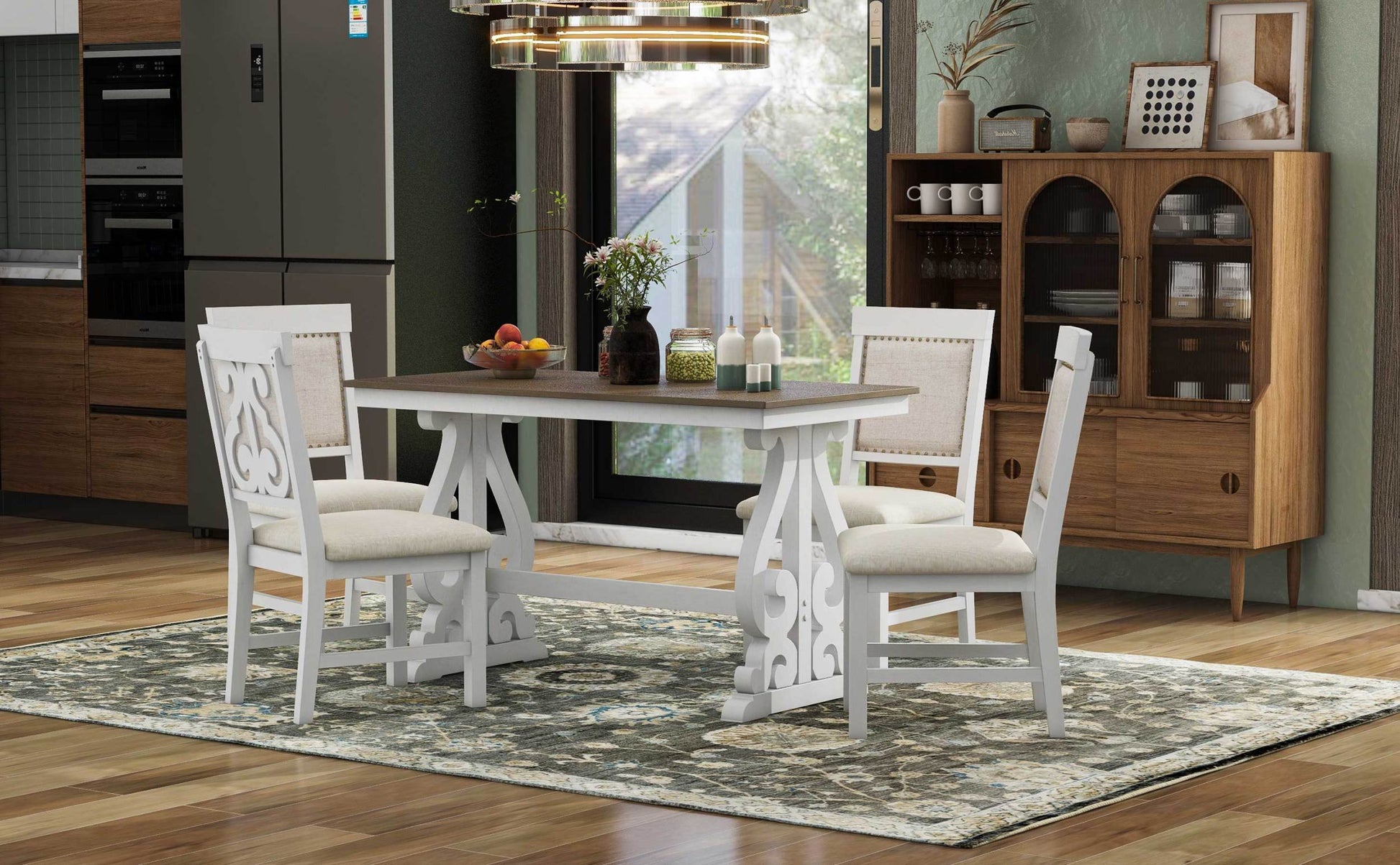 5 Piece Retro Dining Set, Rectangular Wooden Dining Table And 4 Upholstered Chairs For Dining Room And Kitchen Brown White Brown White Solid Wood Mdf