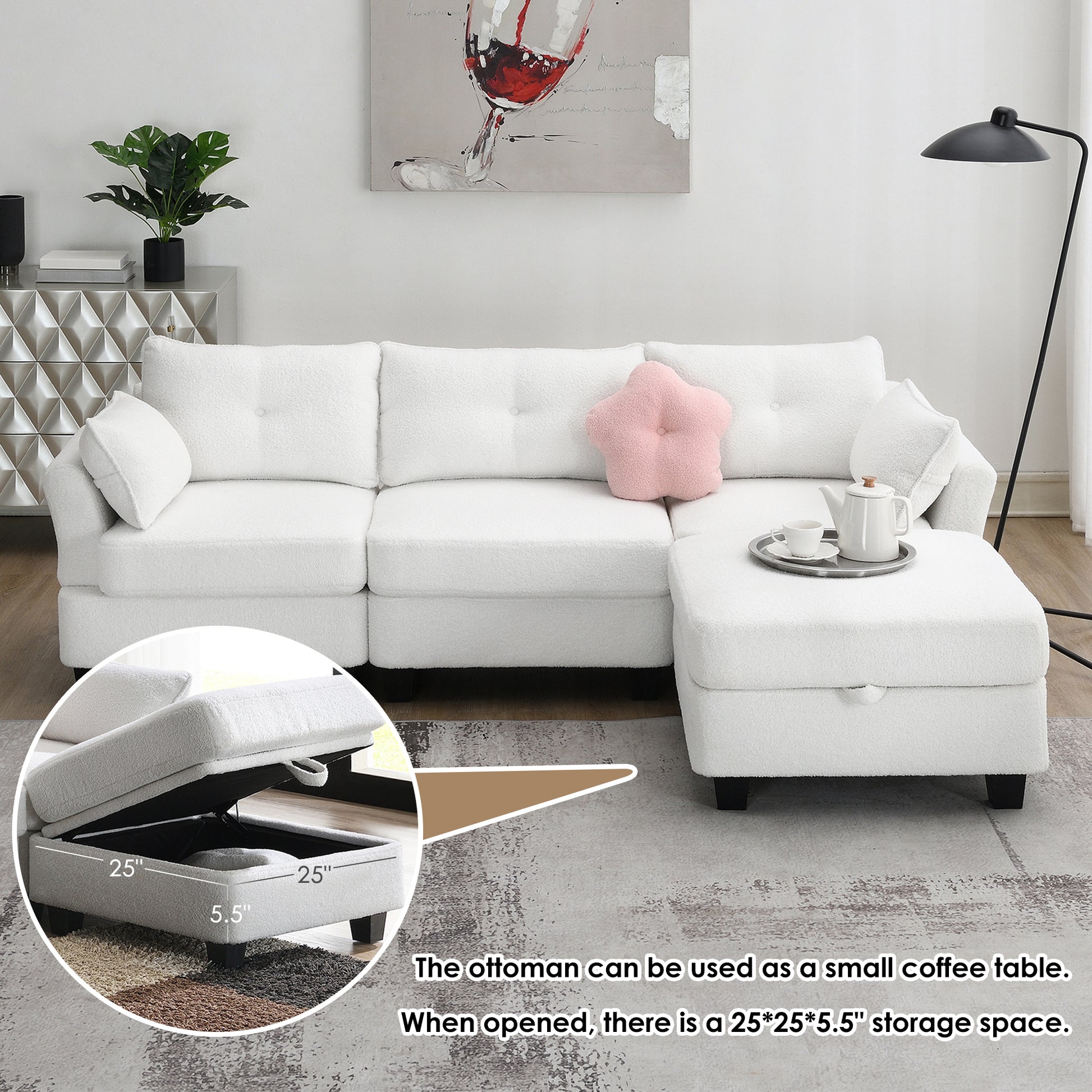 92*63"Modern Teddy Velvet Sectional Sofa,Charging Ports On Each Side,L Shaped Couch With Storage Ottoman,4 Seat Interior Furniture For Living Room, Apartment,3 Colors 3 Pillows Beige Teddy 4 Seat