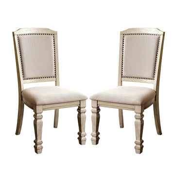 Set Of 2 Padded Fabric Dining Chairs In Antique White And Ivory Solid Antique White Dining Room Dining Chairs Wood Fabric