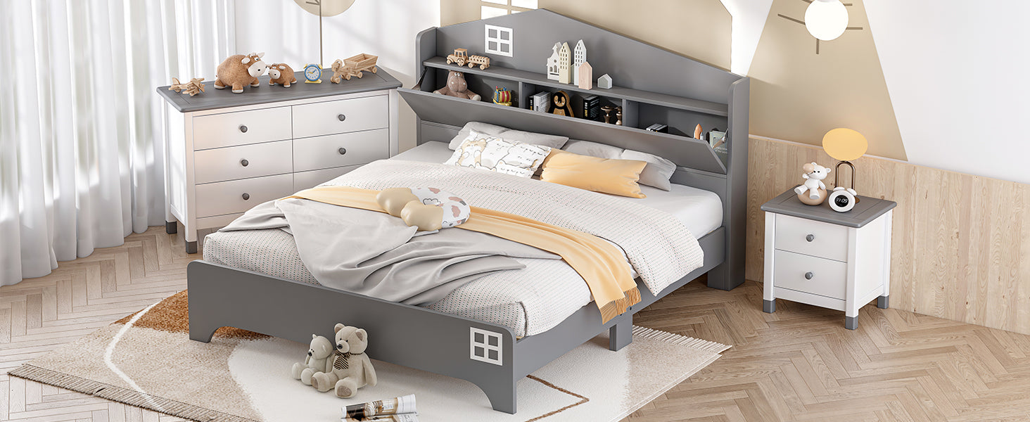 3 Pieces Bedroom Sets Full Size House Bed With Storage Headboard, Wooden Nightstand And Storage Dresser,Gray Gray Wood