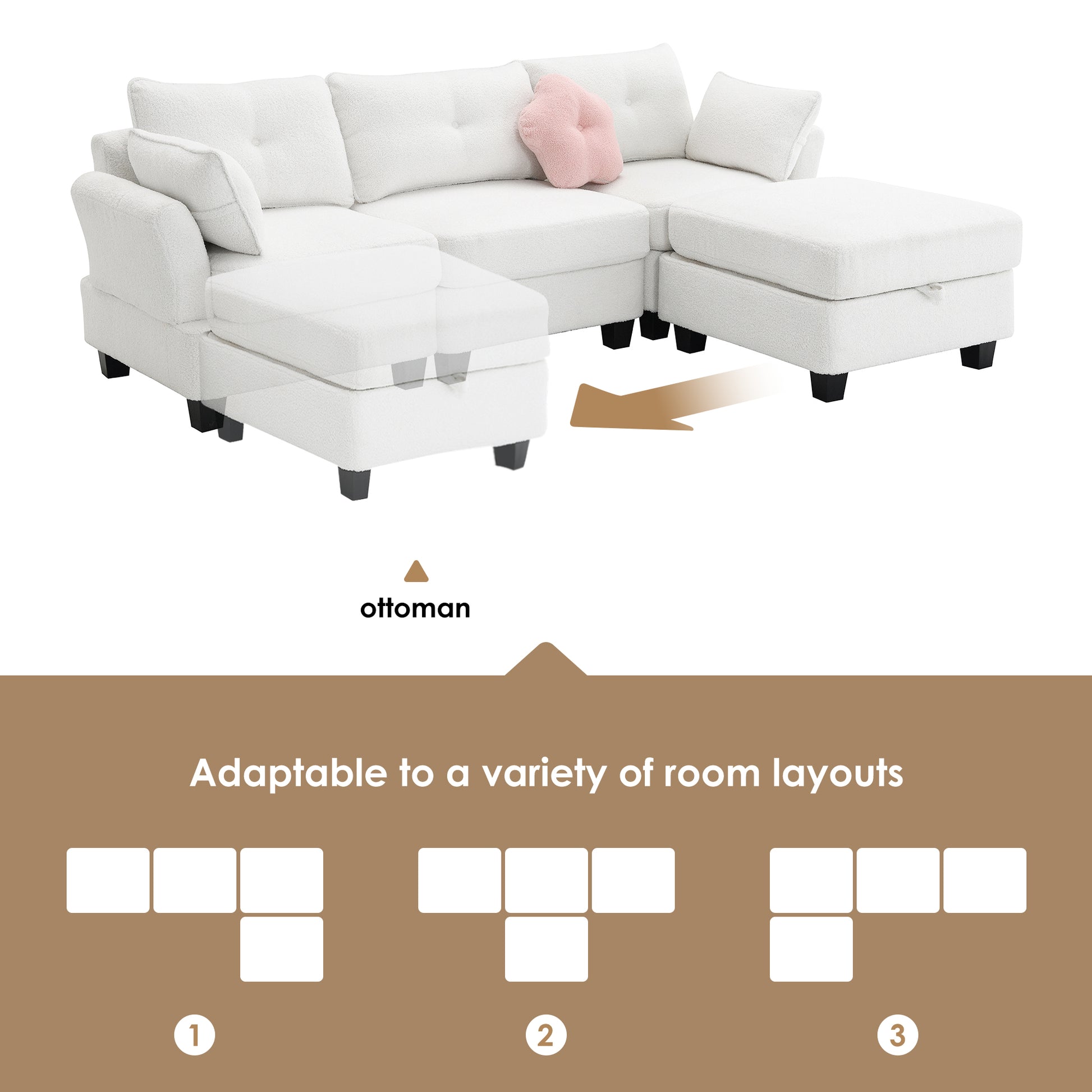 92*63"Modern Teddy Velvet Sectional Sofa,Charging Ports On Each Side,L Shaped Couch With Storage Ottoman,4 Seat Interior Furniture For Living Room, Apartment,3 Colors 3 Pillows Beige Teddy 4 Seat