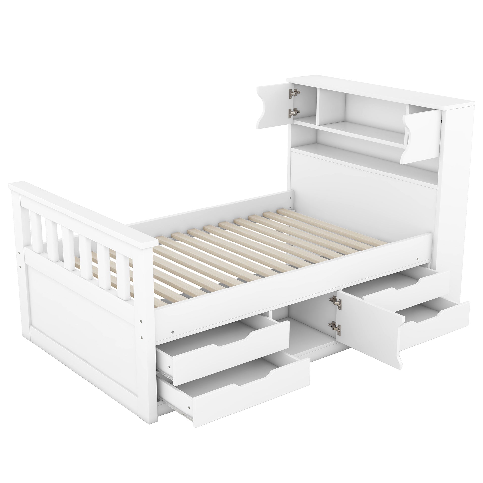 Twin Size Captain Platform Bed Frame With Storage Bookcases And Shelves,Four Drawers,White Twin White Solid Wood Mdf