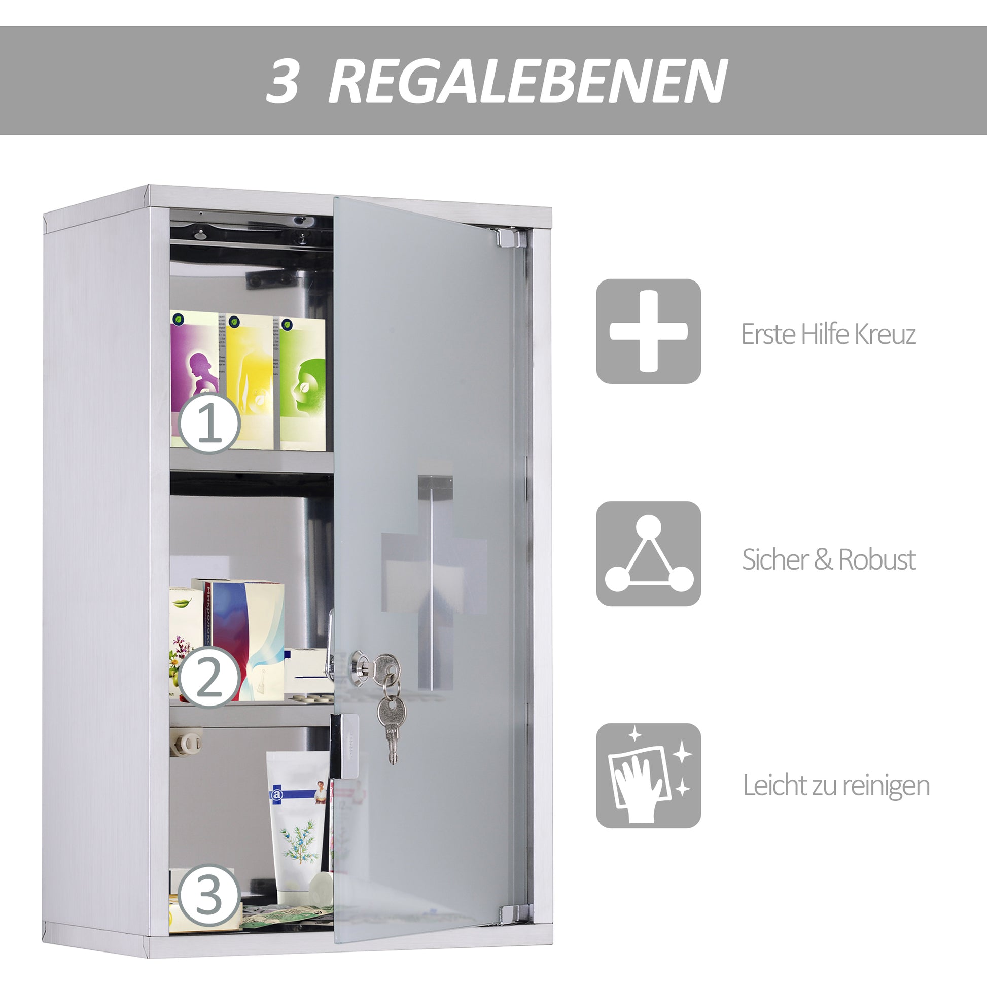 Kleankin Wall Mounted Medicine Cabinet, Locking Wall Cabinet With 3 Tier Shelves, Stainless Steel Frame And Glass Door, Lockable With 2 Keys, Silver, 12" X 20" Silver Stainless Steel