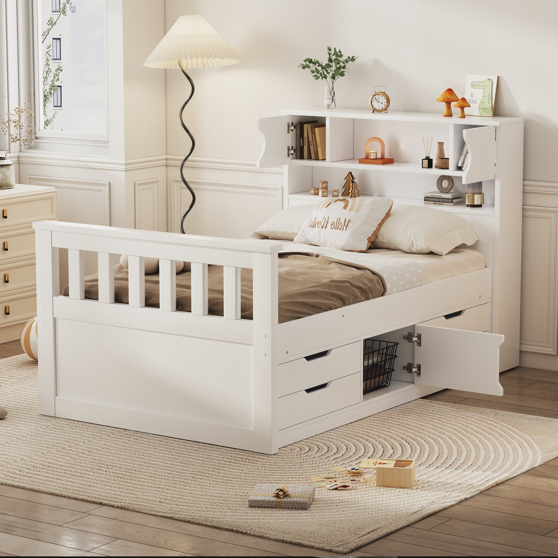 Twin Size Captain Platform Bed Frame With Storage Bookcases And Shelves,Four Drawers,White Twin White Solid Wood Mdf