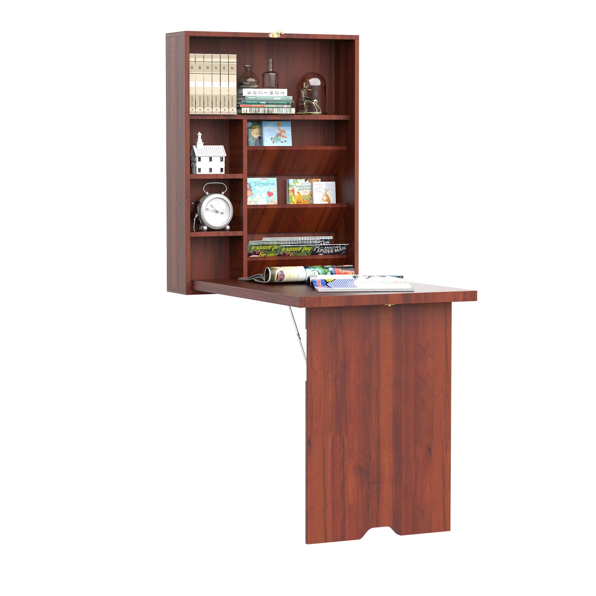 Homcom Wall Mounted Desk, Fold Out Convertible Desk, Multi Function Computer Table Floating Desk With Shelves For Home Office, Mahogany Brown Mdf