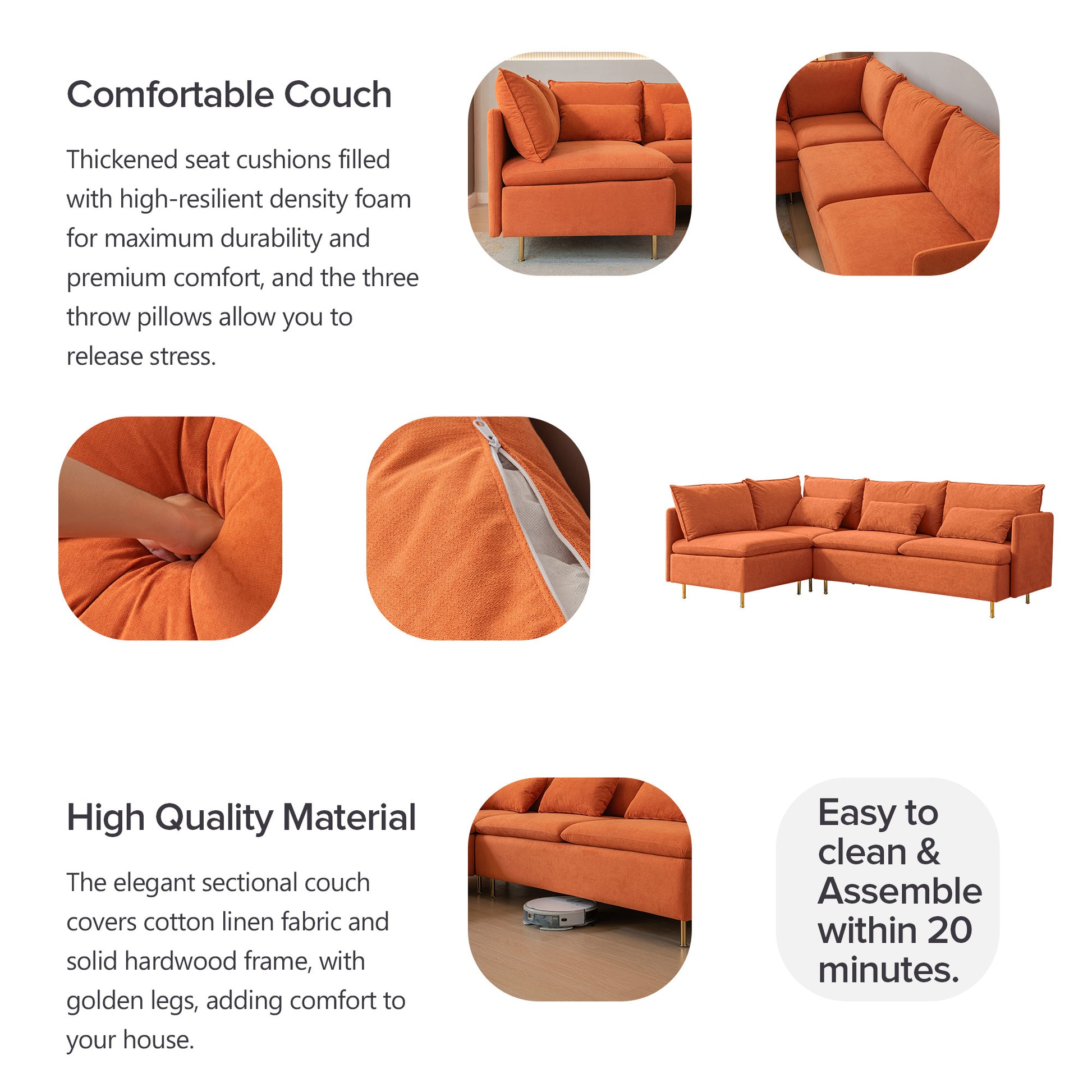 Modular L Shaped Corner Sofa ,Left Hand Facing Sectional Couch,Orange Cotton Linen 90.9'' Orange Foam Cotton Linen 3 Seat
