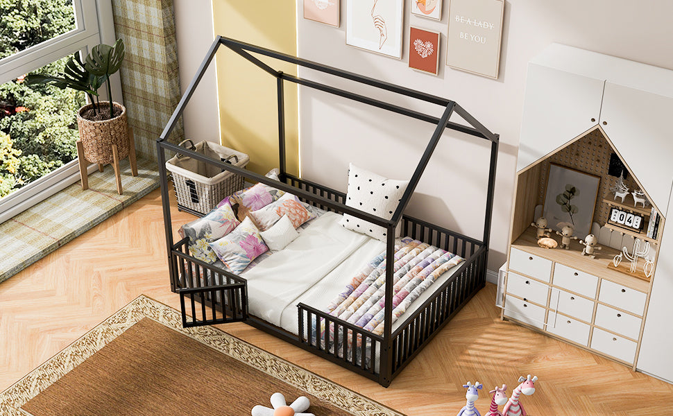 Full Size Metal House Bed With Fence And Door, Black Black Metal