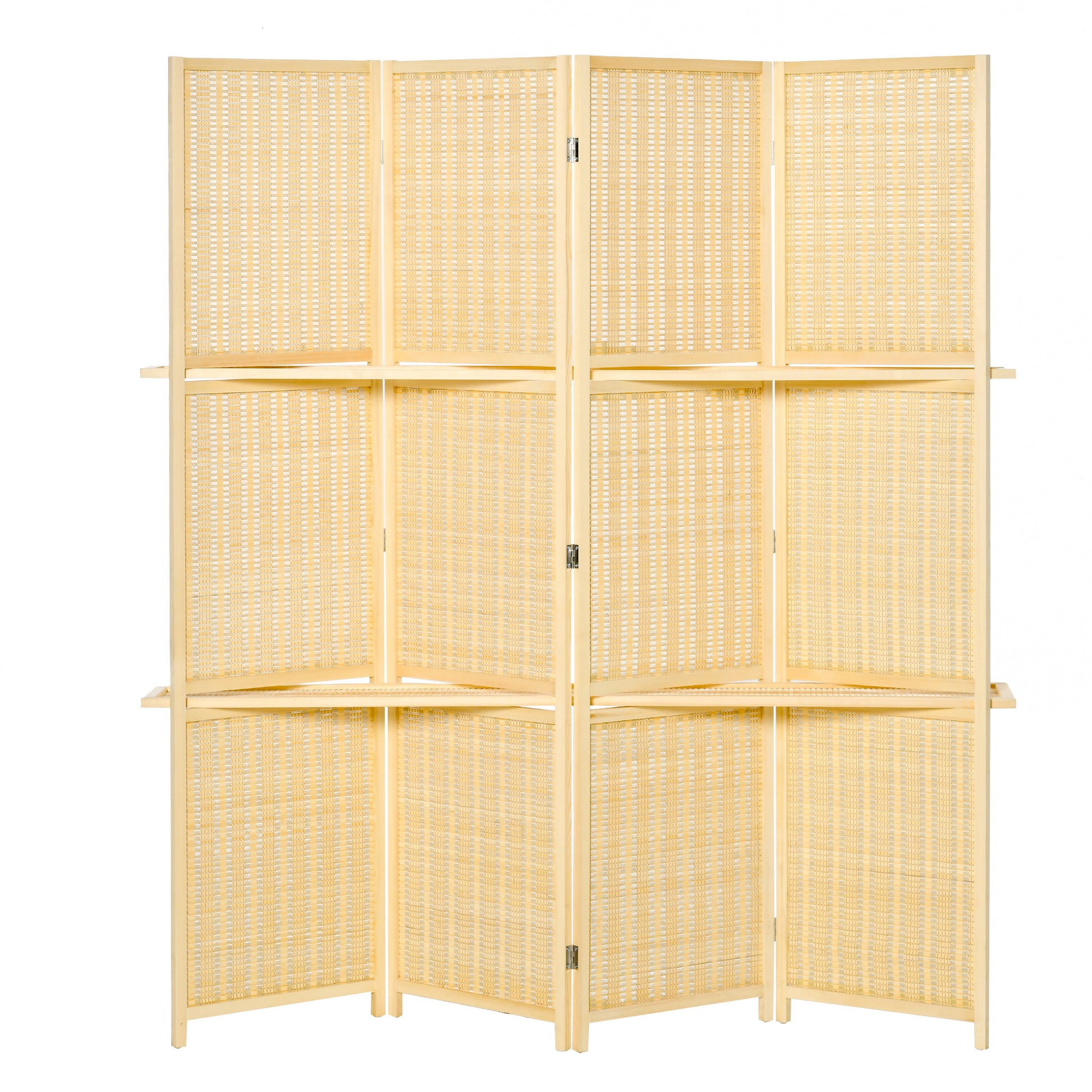 Homcom 4 Panel Folding Room Divider, 6 Ft Freestanding Bamboo Privacy Screen Panel With Storage Shelves For Bedroom Or Office, Natural Wood Color Natural Bamboo