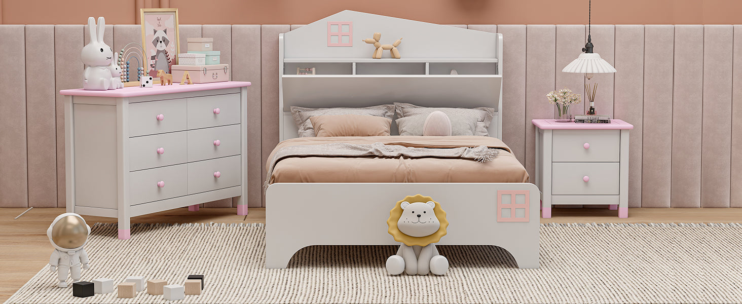 3 Pieces Bedroom Sets Twin Size House Bed With Storage Headboard, Wooden Nightstand And Storage Dresser,White White Wood