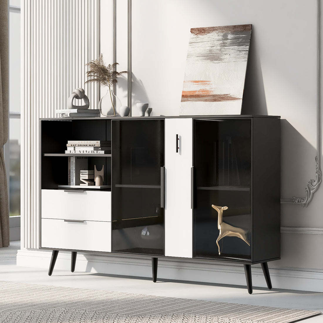 Featured Two Door Storage Cabinet With Two Drawers And Metal Handles, Suitable For Corridors, Entrances, Living Rooms. Black White Mdf