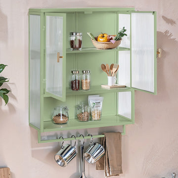 23.62"Glass Doors Modern Two Door Wall Cabinet With Featuring Two Tier Enclosed Storage, An Open Shelf, And Towel Rack, For Entryway Living Room Bathroom Dining Room,Green Green Glass Metal