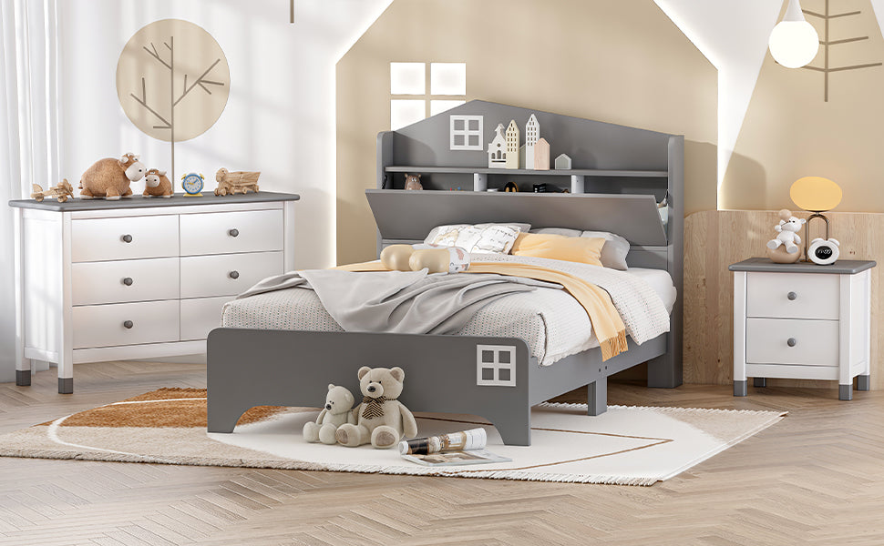 3 Pieces Bedroom Sets Twin Size House Bed With Storage Headboard, Wooden Nightstand And Storage Dresser,Gray Gray Wood