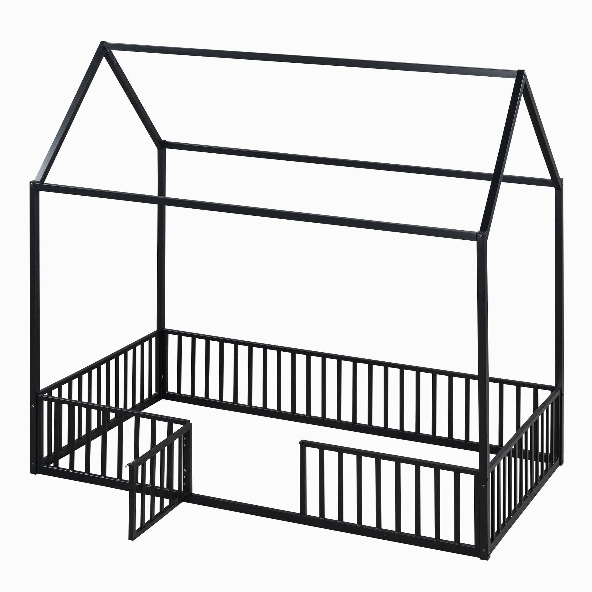 Twin Size Metal House Bed With Fence And Door, Black Black Metal