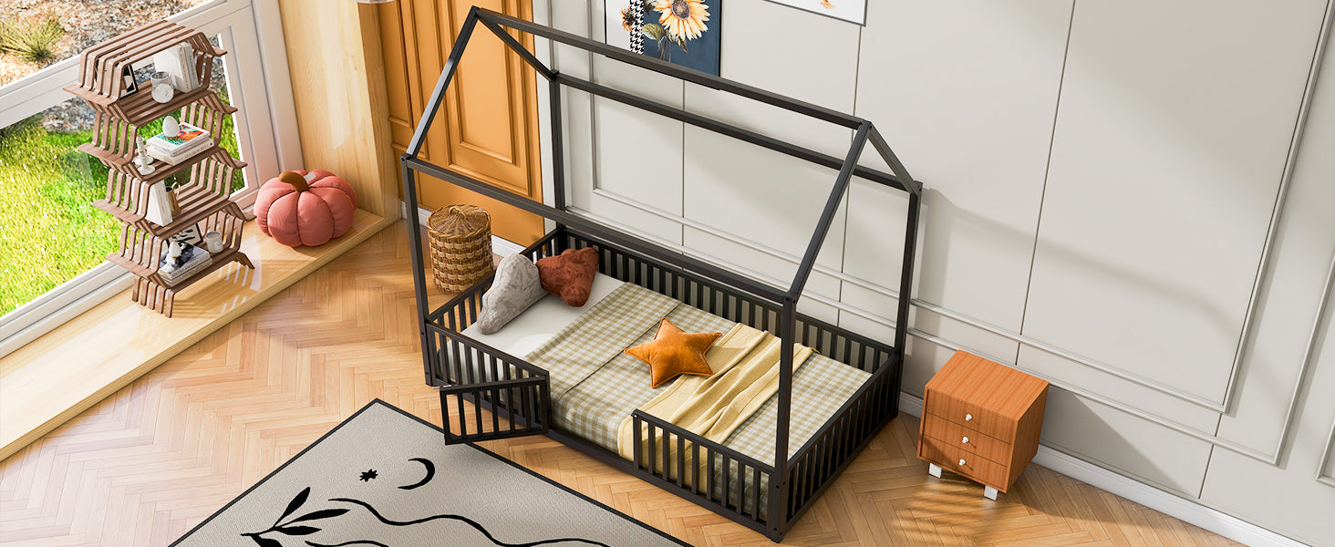 Twin Size Metal House Bed With Fence And Door, Black Black Metal