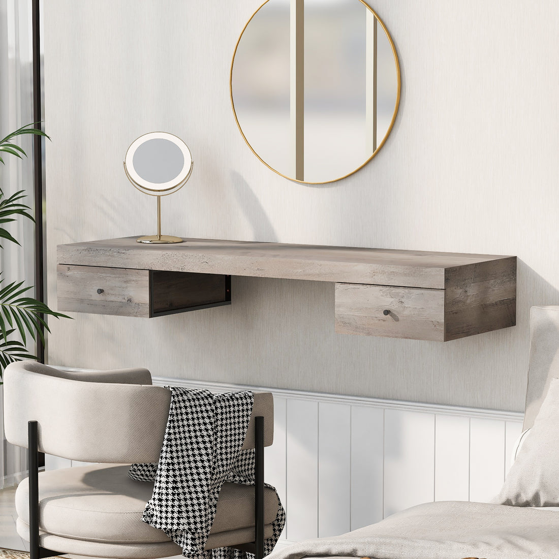 47.2" Wall Mounted Vanity Desk, Floating Vanity Shelf With Drawers, Dressing Table With Wooden Sticker,Computer Table Desk, Home Office Desk, Log Gray Sliding Gray Gray Drawer 2 Drawers Ball Bearing