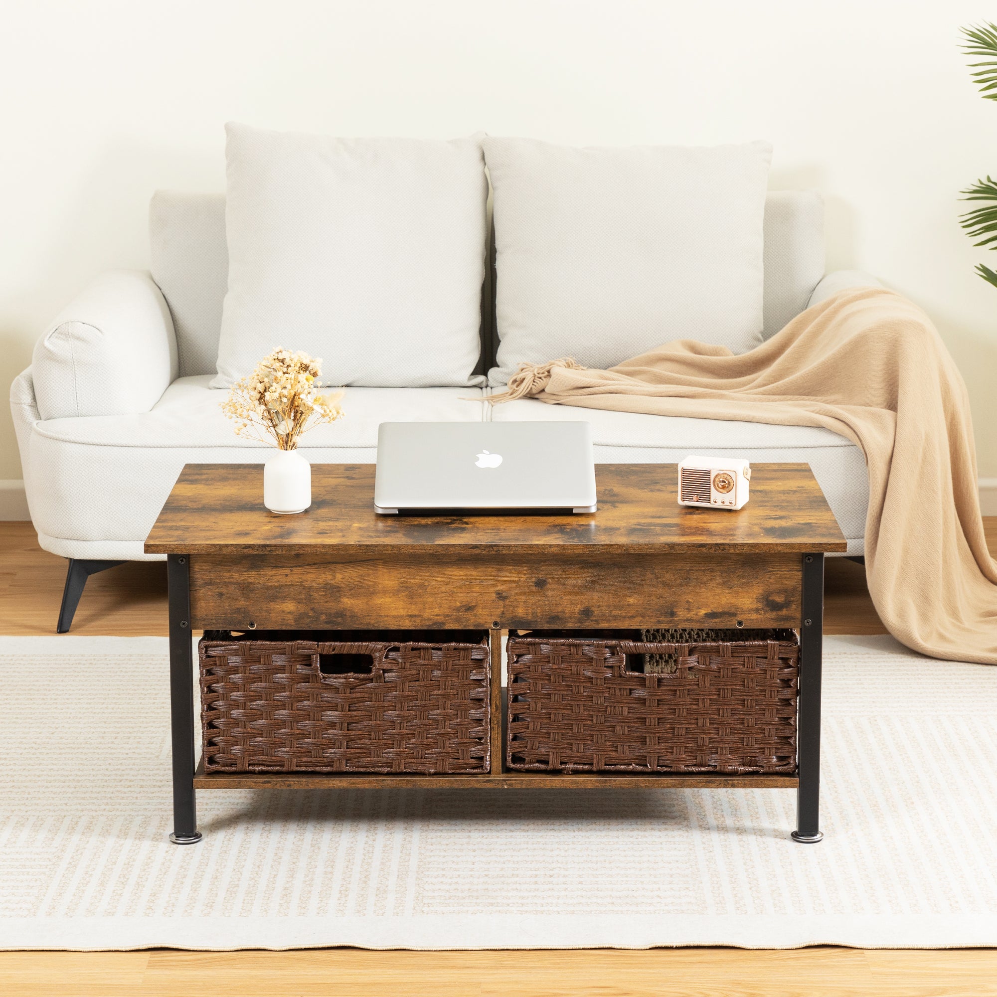 Metal Coffee Table,Desk,With A Lifting Table,And Hidden Storage Space.There Were Two Removable Wicker Baskets That Could Be Placed In Any Space Such As The Living Room,Color:Brown With Fire Wood Grain Light Brown Height Adjustable & Standing Desks