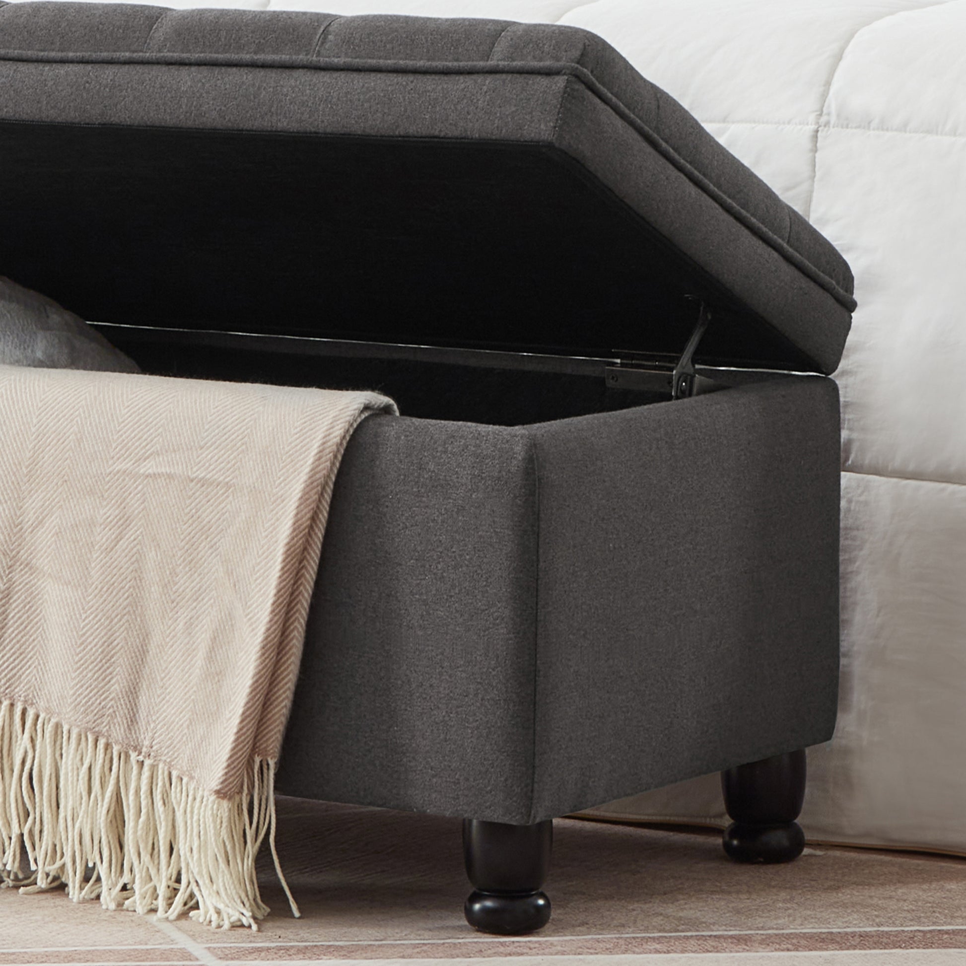 Upholstered Tufted Button Storage Bench ,Linen Fabric Entry Bench With Spindle Wooden Legs, Bed Bench Dark Gray Tufted Dark Gray Espresso Linen Or Linen Blend Primary Living Space Black American Design Rubberwood Wood Internal Storage Foam Linen