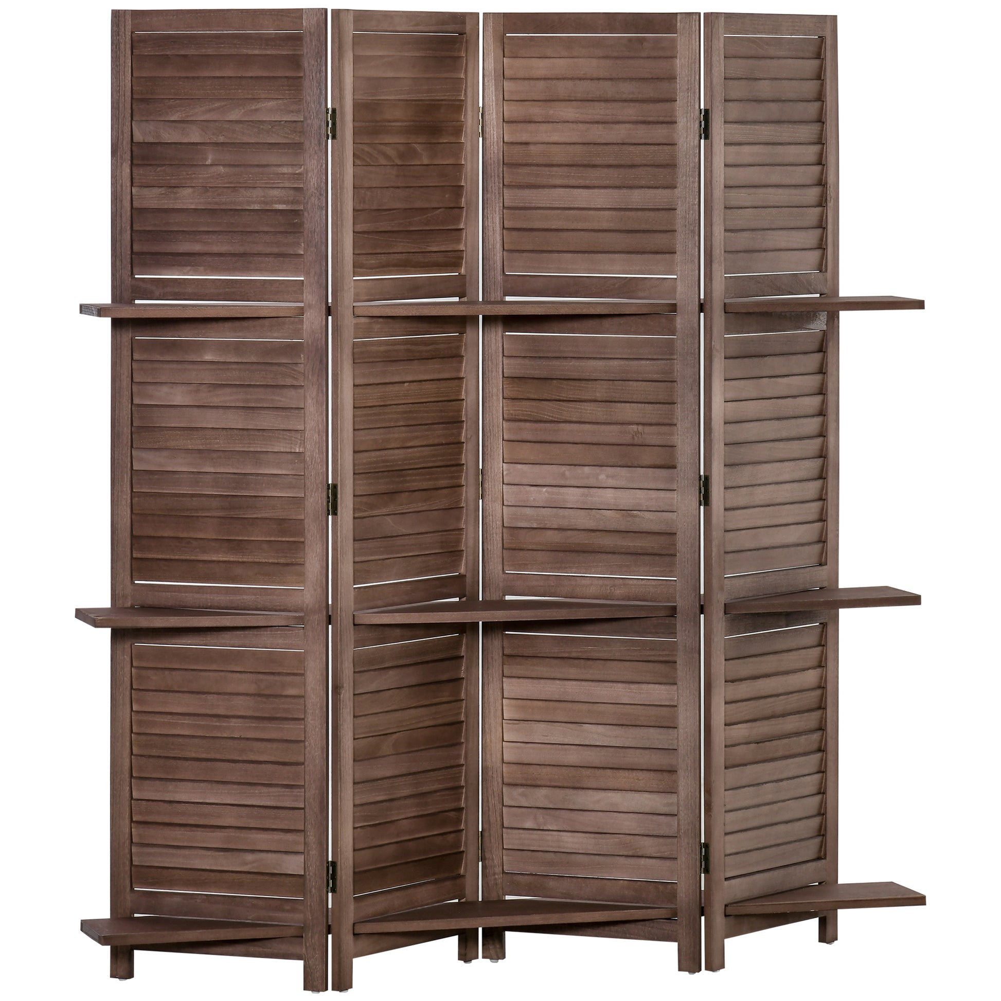 Homcom 4 Panel Folding Room Divider, 5.6 Ft Freestanding Paulownia Wood Privacy Screen Panel With Storage Shelves For Bedroom Or Office, Walnut Natural Wood