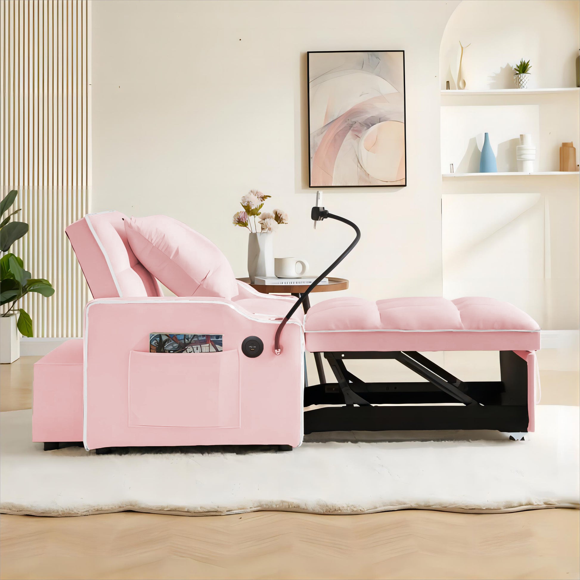 3 In 1 Sofa Bed, Convertible Sleeper Chair Sofa Bed Adjustable Pull Out Sleeper Chair Bed Multi Pockets Folding Sofa Bed For Living Room Bedroom Small Space Pink Pink Velvet 1 Seat