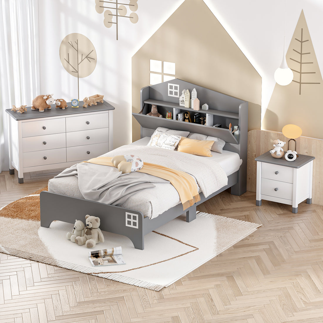 3 Pieces Bedroom Sets Twin Size House Bed With Storage Headboard, Wooden Nightstand And Storage Dresser,Gray Gray Wood