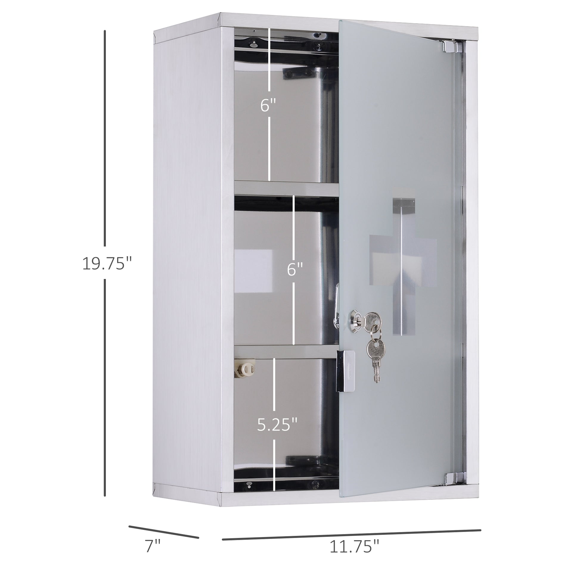 Kleankin Wall Mounted Medicine Cabinet, Locking Wall Cabinet With 3 Tier Shelves, Stainless Steel Frame And Glass Door, Lockable With 2 Keys, Silver, 12" X 20" Silver Stainless Steel