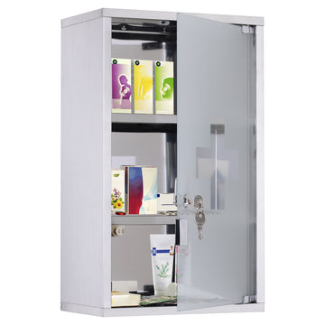 Kleankin Wall Mounted Medicine Cabinet, Locking Wall Cabinet With 3 Tier Shelves, Stainless Steel Frame And Glass Door, Lockable With 2 Keys, Silver, 12" X 20" Silver Stainless Steel