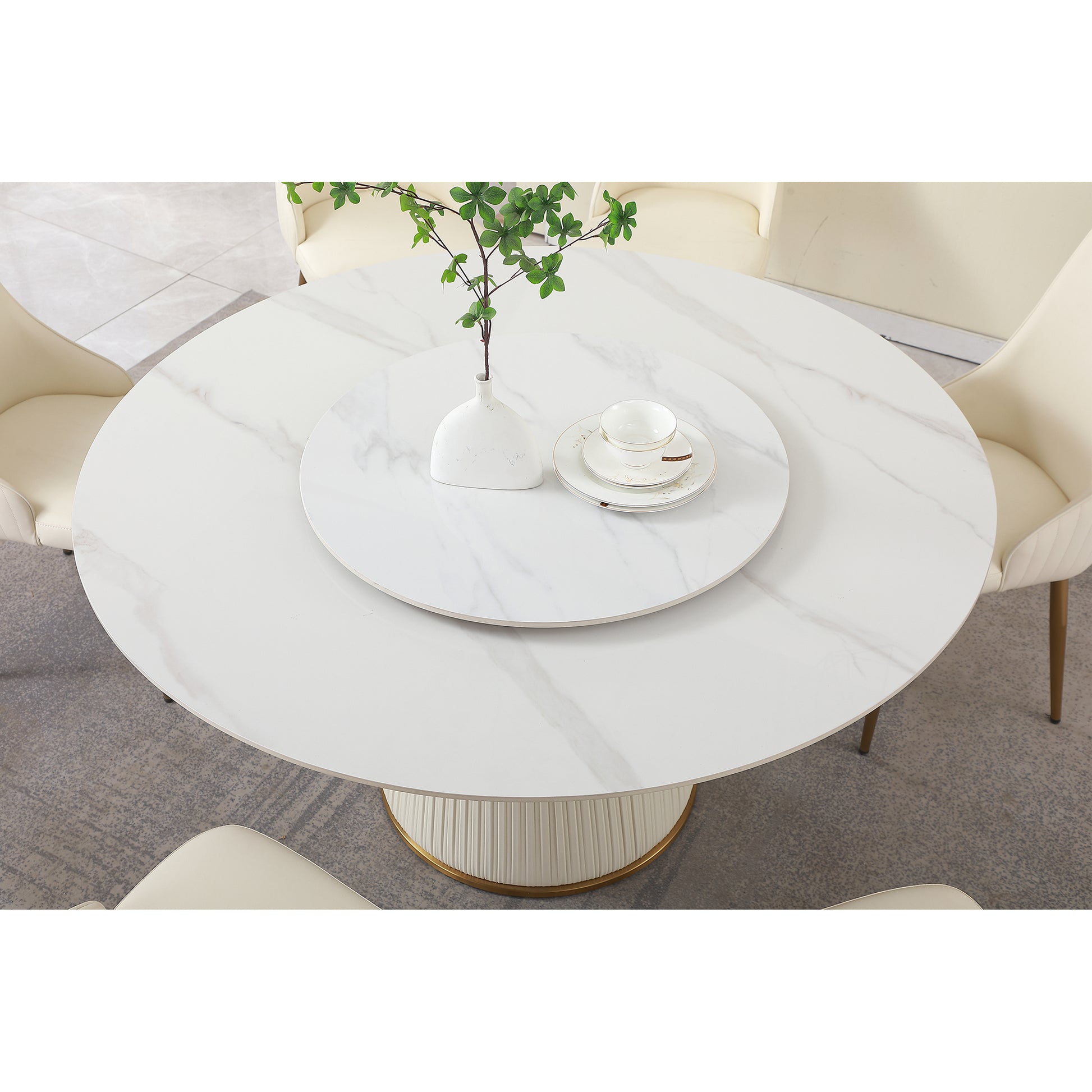 59"Modern Sintered Stone Dining Table With 31.5" Round Turntable For 8 Person With Wood And Metal Exquisite Pedestal White Sintered Stone