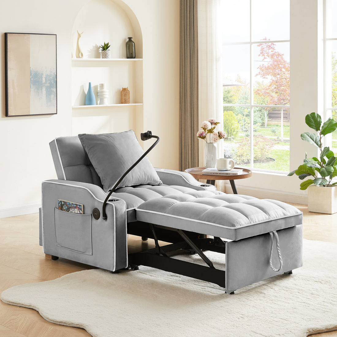 3 In 1 Sofa Bed, Convertible Sleeper Chair Sofa Bed Adjustable Pull Out Sleeper Chair Bed Multi Pockets Folding Sofa Bed For Living Room Bedroom Small Space Grey Grey Velvet 1 Seat