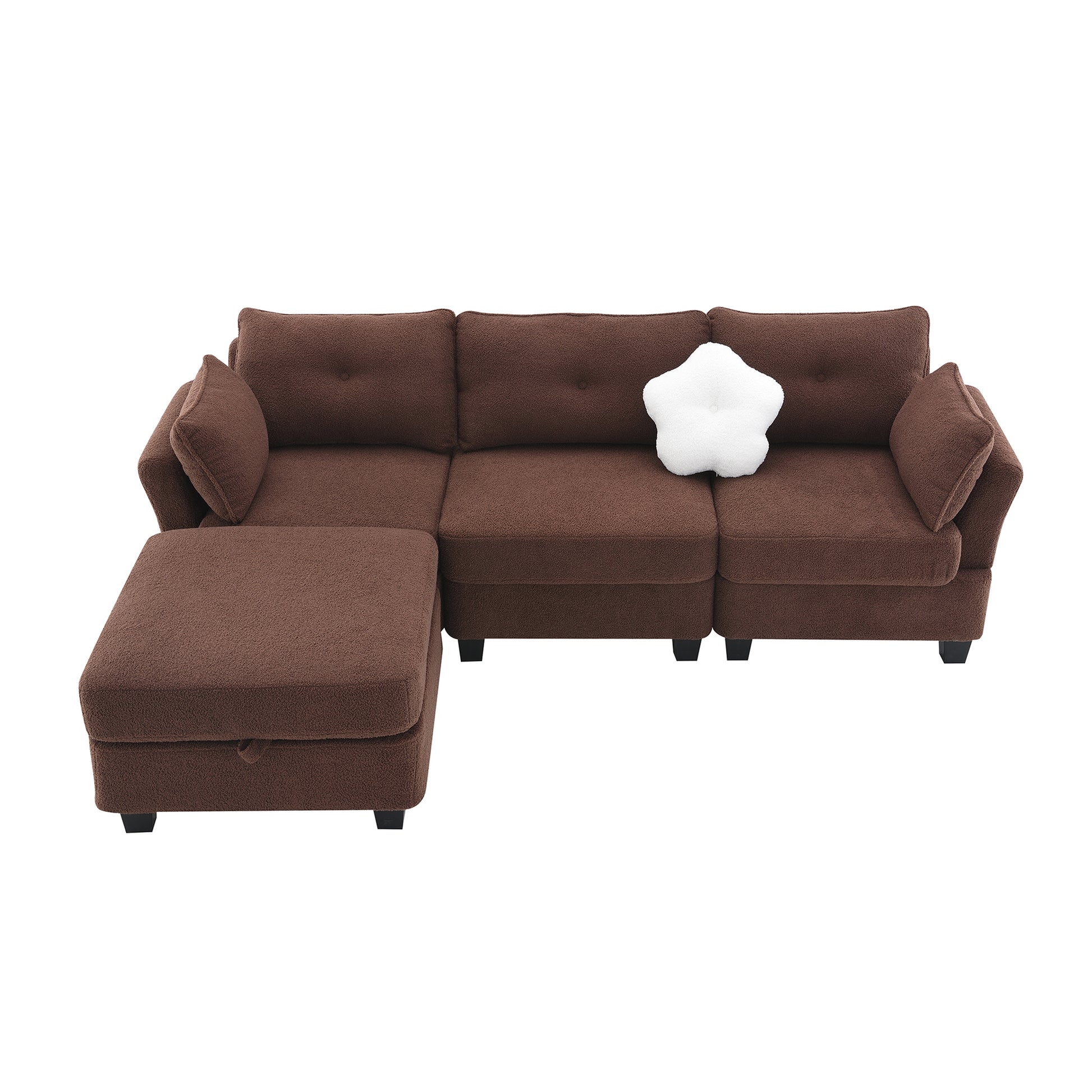 92*63"Modern Teddy Velvet Sectional Sofa,Charging Ports On Each Side,L Shaped Couch With Storage Ottoman,4 Seat Interior Furniture For Living Room, Apartment,3 Colors 3 Pillows Brown Teddy 4 Seat