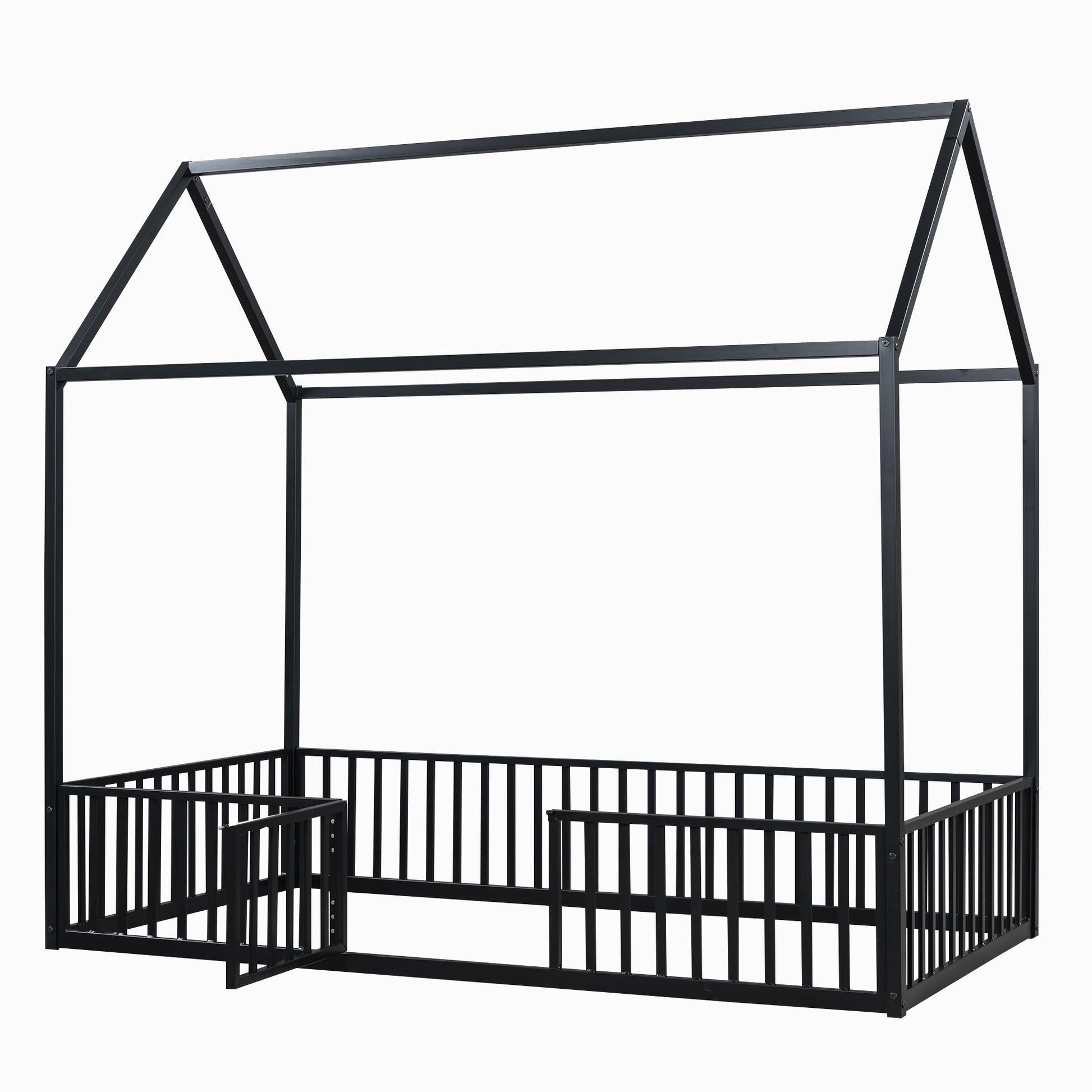 Twin Size Metal House Bed With Fence And Door, Black Black Metal