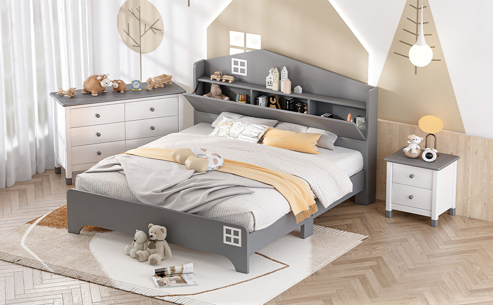 3 Pieces Bedroom Sets Full Size House Bed With Storage Headboard, Wooden Nightstand And Storage Dresser,Gray Gray Wood