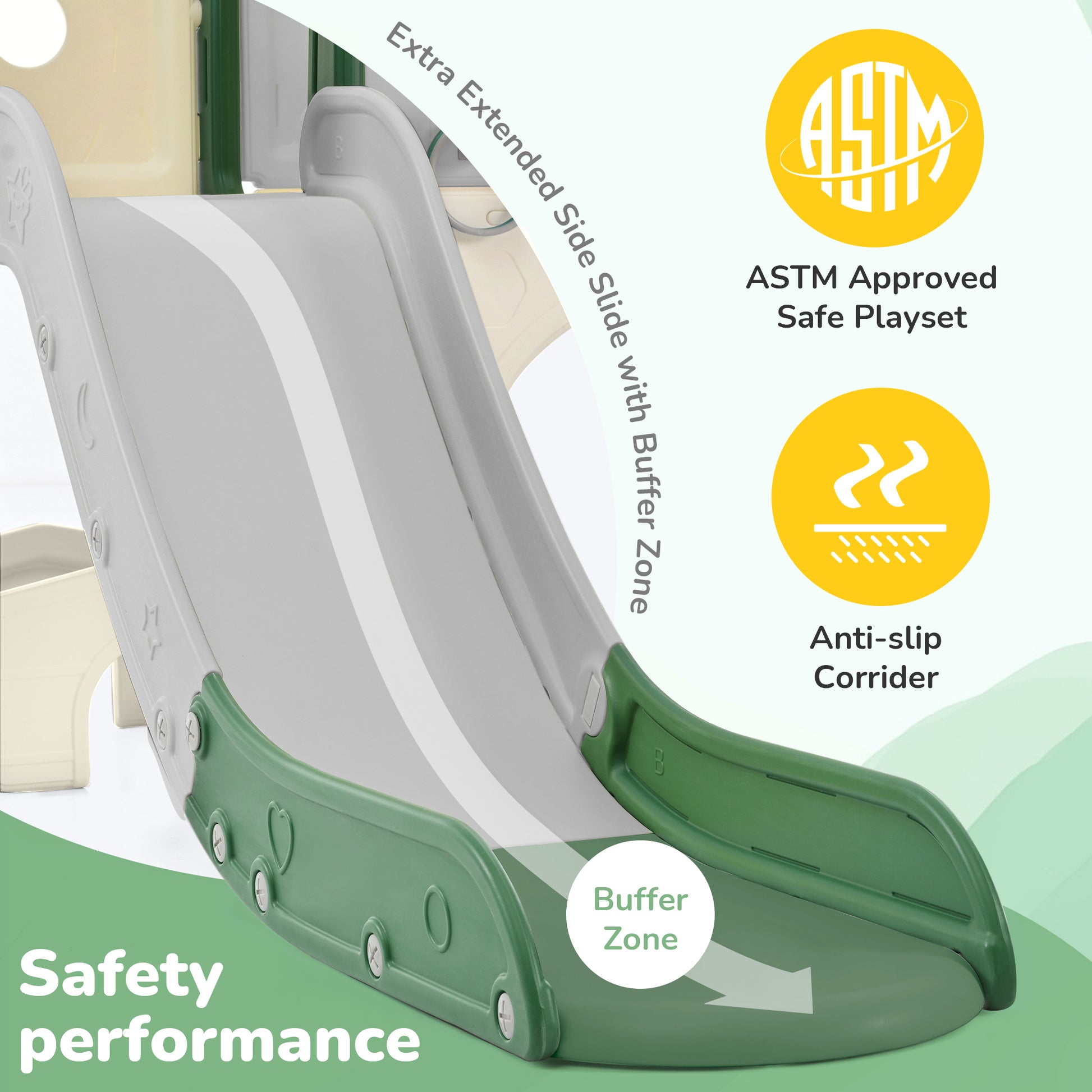Kids Slide Playset Structure 7 In 1, Freestanding Space Set With Slide, Arch Tunnel, Ring Toss And Basketball Hoop, Toy Storage Organizer For Toddlers, Kids Climbers Playground Green Hdpe