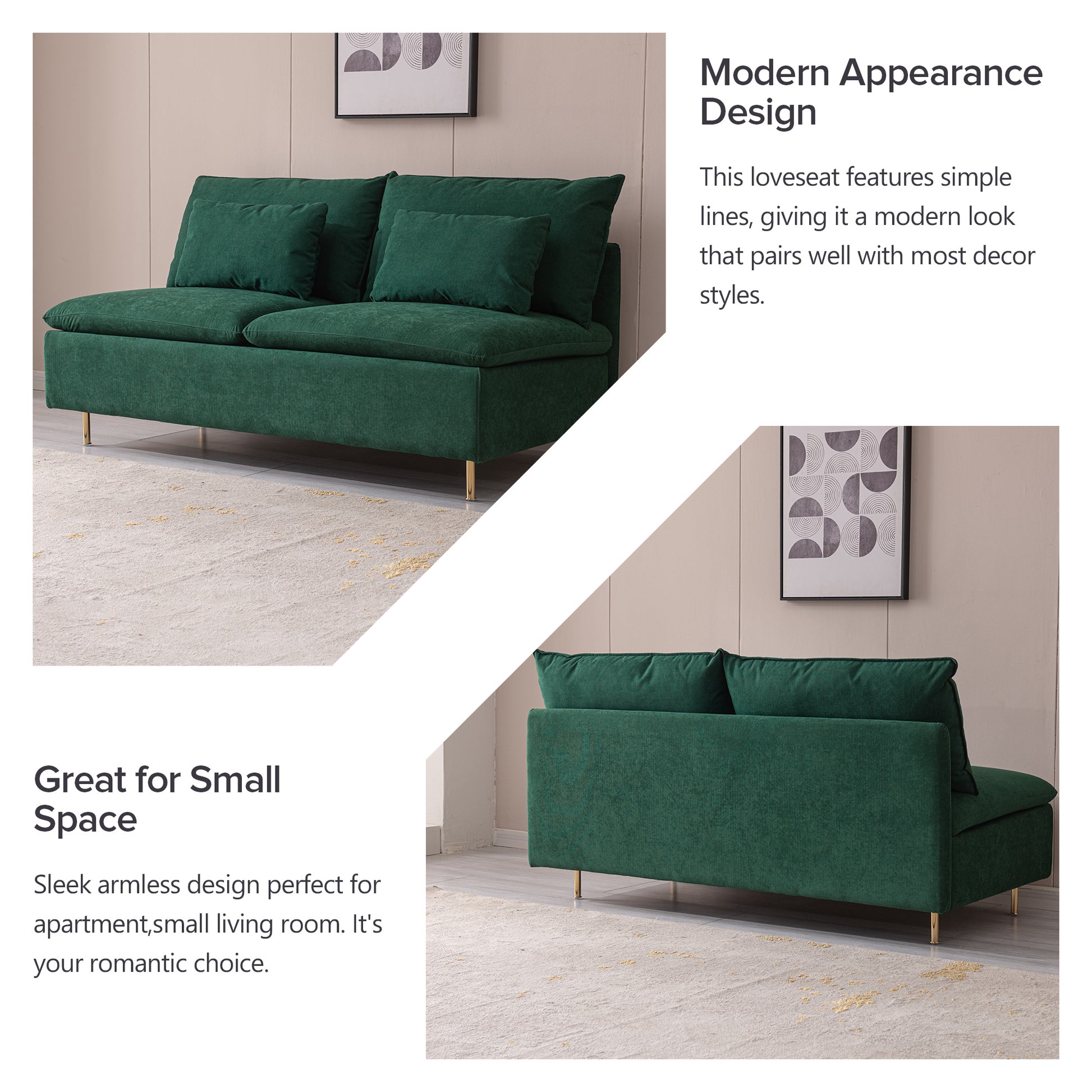 Modern Armless Loveseat Couch,Armless Settee Bench, Emerald Cotton Linen 59.8'' Emerald Foam Cotton Linen 2 Seat
