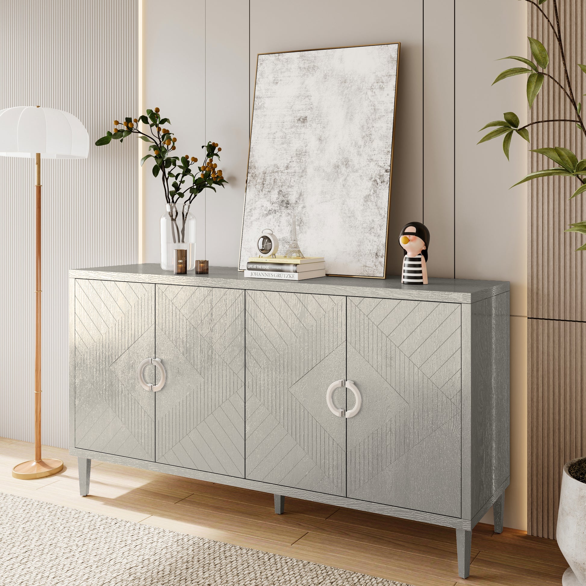 Stylish And Functional 4 Door Storage Cabinet With Pine Legs And Mdf, For Living Room Bedroom,And Kitchen,Champagne Champagne Mdf