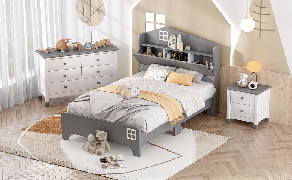 3 Pieces Bedroom Sets Twin Size House Bed With Storage Headboard, Wooden Nightstand And Storage Dresser,Gray Gray Wood