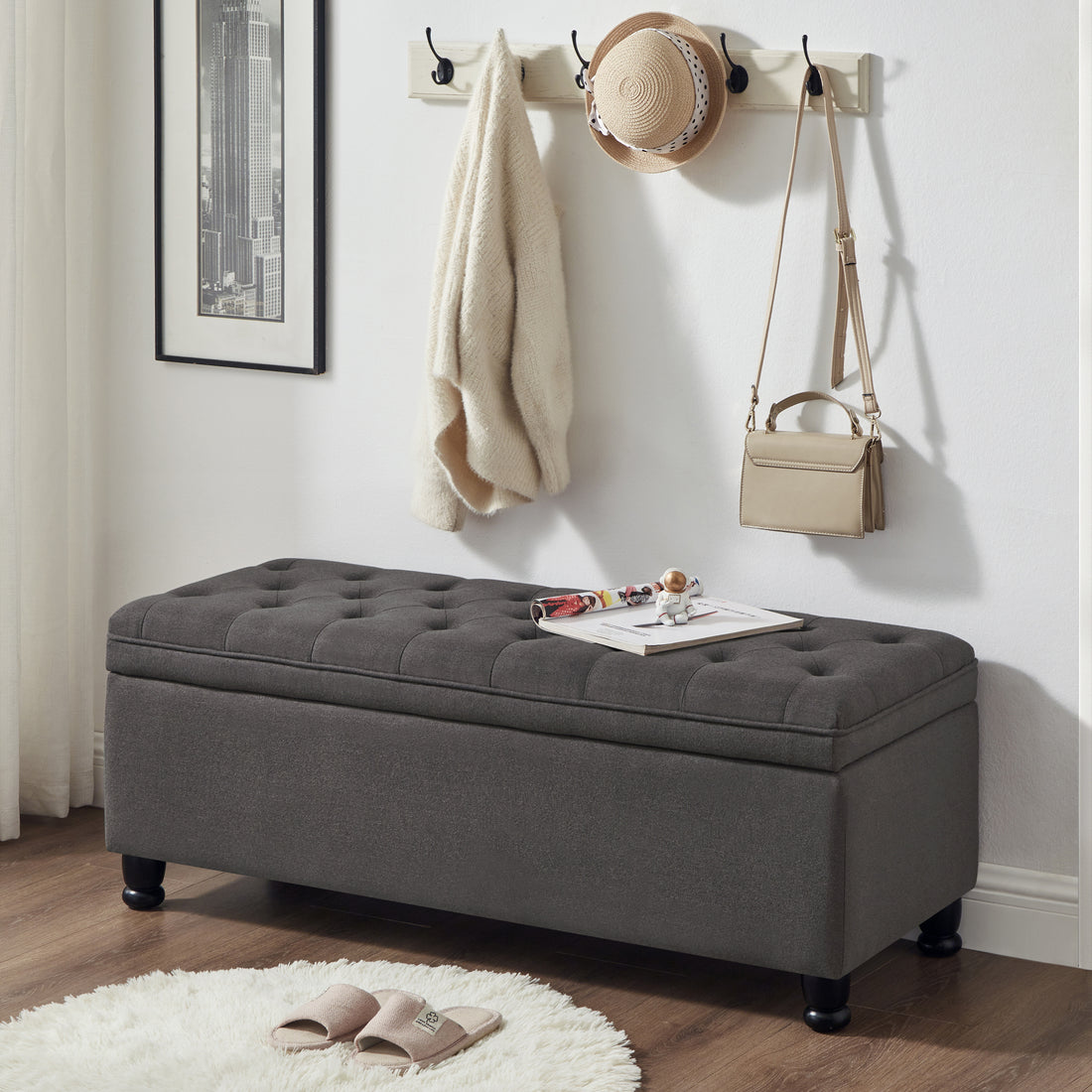 Upholstered Tufted Button Storage Bench ,Linen Fabric Entry Bench With Spindle Wooden Legs, Bed Bench Dark Gray Tufted Dark Gray Espresso Linen Or Linen Blend Primary Living Space Black American Design Rubberwood Wood Internal Storage Foam Linen