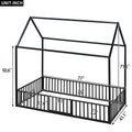 Twin Size Metal House Bed With Fence And Door, Black Black Metal