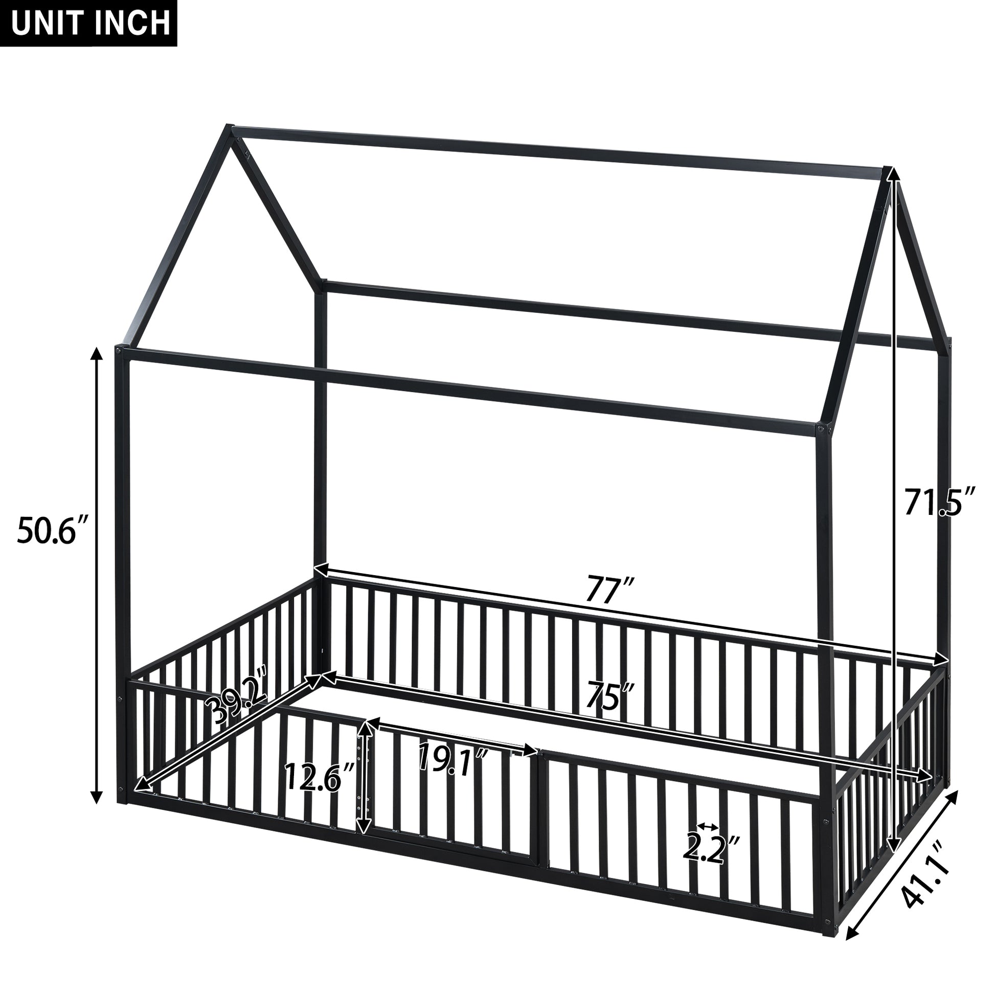 Twin Size Metal House Bed With Fence And Door, Black Black Metal