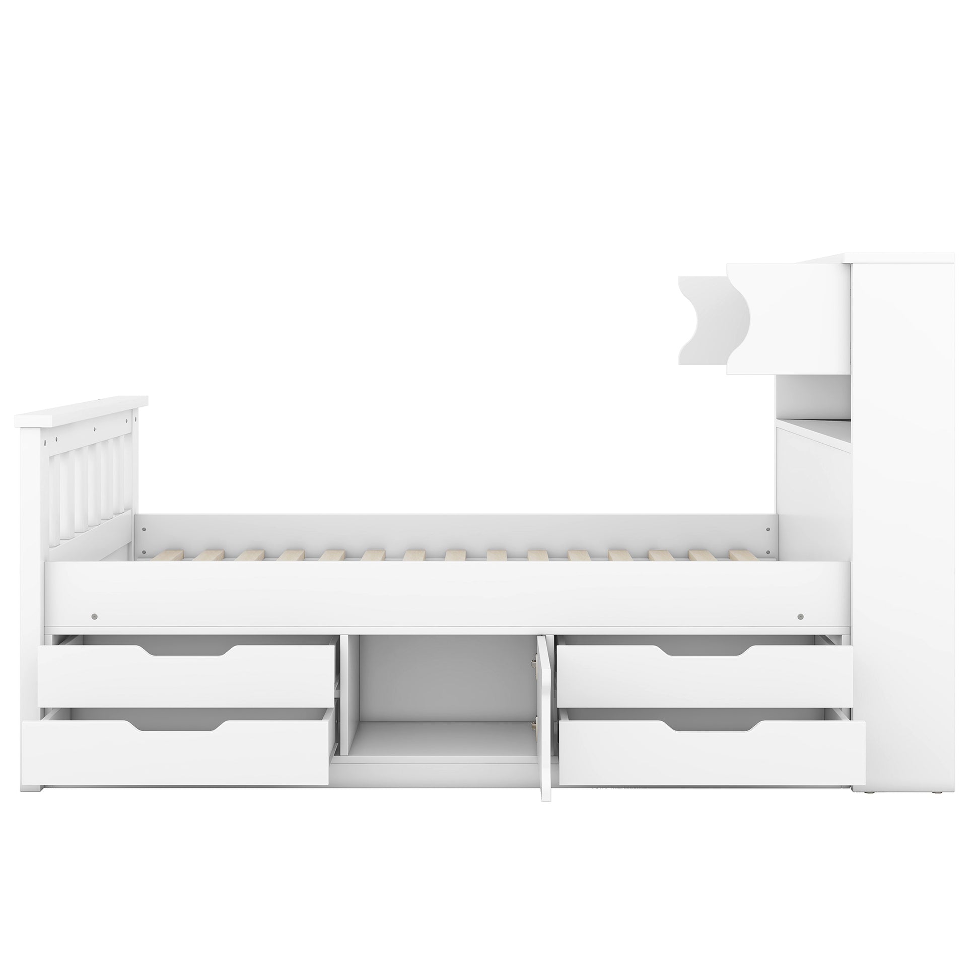 Twin Size Captain Platform Bed Frame With Storage Bookcases And Shelves,Four Drawers,White Twin White Solid Wood Mdf